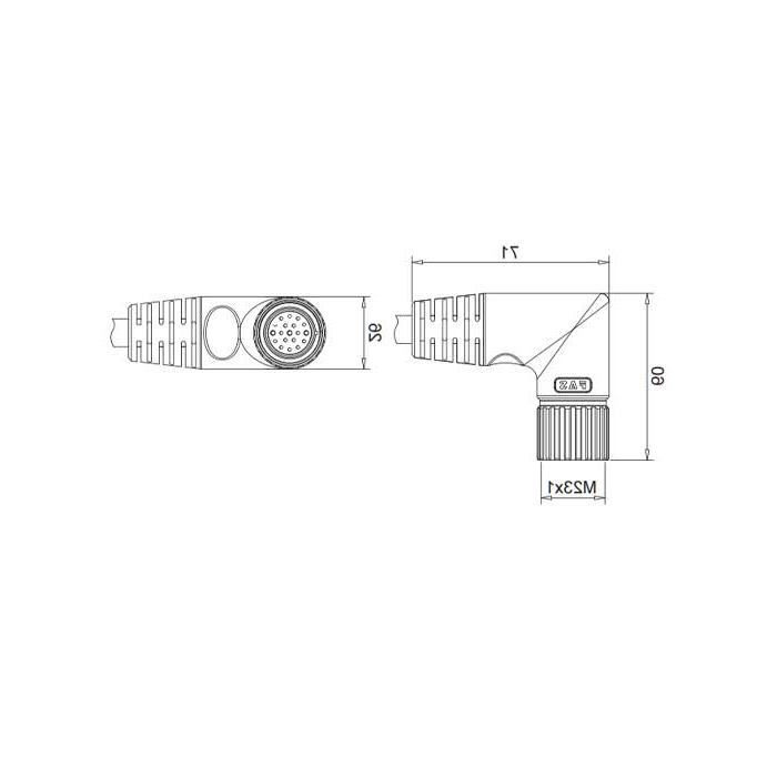 M23 19Pin, female 90°, single-end pre-cast PVC non-flexible cable, grey色护套、68LB61-XXX